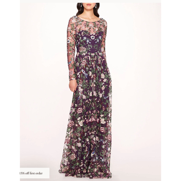 Marchesa Floral Embroidered Gown Purple Green Sheer Long Sleeve Dress Sz 2 - Picture 3 of 14